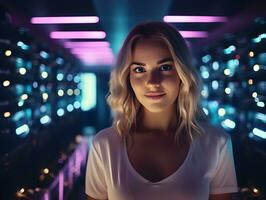 a woman in a server room with neon lights ai generative photo