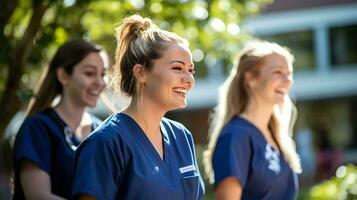 three female nurses standing outside in blue scrub suits ai generative photo