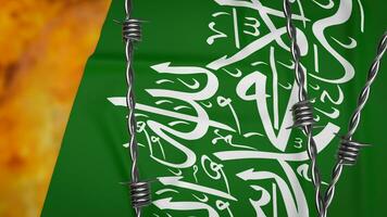 The Hamas flag on fire background 3d rendering photo