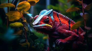 un rojo camaleón lagartija en el selva ai generativo foto