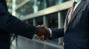 two business people shaking hands in front of a building for Business deals  ai generative photo