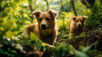 dos perros son caminando mediante el bosque ai generativo. foto