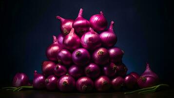 a pile of purple onions on a dark background ai generative photo