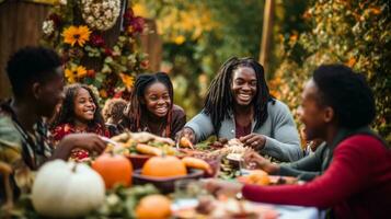 a family is enjoying a thanksgiving meal outdoors ai generative photo