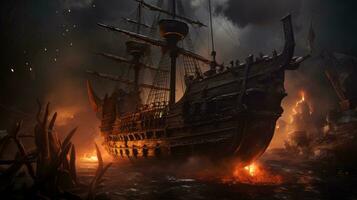 un pirata Embarcacion en el Oceano con llamas ai generativo foto