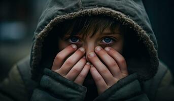 A scared immigrant boy covering his face with his hands. AI Generated photo