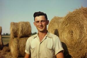 un de edad mediana hombre, un agricultor, con heno fardos en un campo. ai generado foto