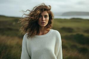 A girl in a white sweater outdoors. Sweater mockup. AI Generated photo