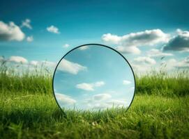 Blue sky and cloud reflection in round mirror on grass. AI Generated photo