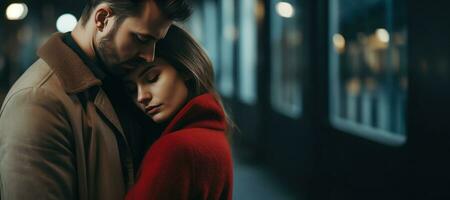 A young couple in love is hugging in the building.  AI Generated photo