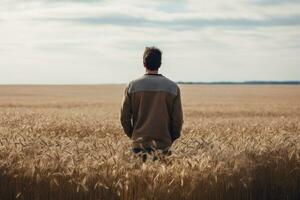 Back view of a young man standing in a wheat field. AI Generated photo