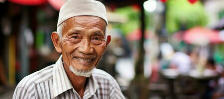 A senior Malay man smiling with bokeh copy space. AI Generated photo