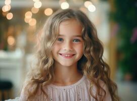 retrato de un niña sonriente con bokeh antecedentes. ai generado foto