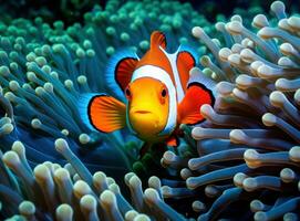 Clownfish swimming through tentacles of sea anemones. AI Generated photo