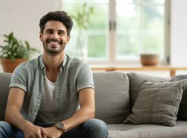 Man sitting on a sofa. Relaxation and leisure. AI Generated photo