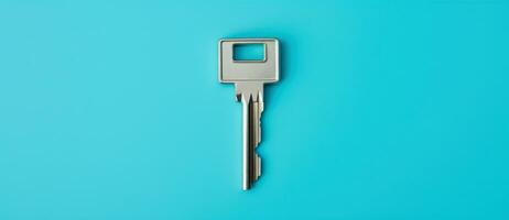 Key isolated on blue background. Security concept. AI Generated photo