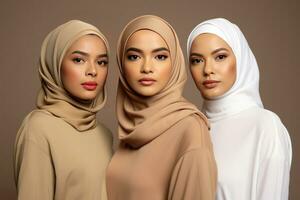 Three Malay women wearing hijab isolated on brown. AI Generated photo