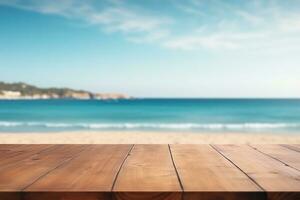 Wooden table with blurred beach and blue sky background. AI Generated photo