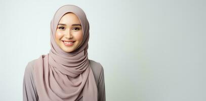 Young Malay woman with hijab smiling on copy space. AI Generated photo