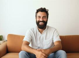 Man with full beard sitting on a sofa at home. AI Generated photo