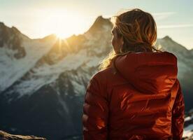 Woman hiker enjoying the view on the top of mountain. AI Generated photo