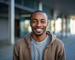 sonriente joven afroamericano hombre en el ciudad. ai generado foto