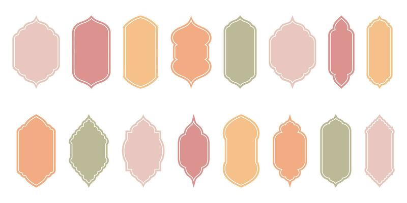 Islamic window flat color and line shape collection. Pastel neutral, boho colors. Arabic, muslim architecture frame. Traditional, oriental design