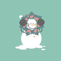 merry christmas and happy new year with cute snowman holding wreath in the winter season, flat vector illustration cartoon character costume design