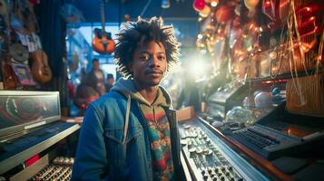 Young man standing at a front of music store, AI generated photo