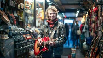 Young man standing at a front of music store, AI generated photo