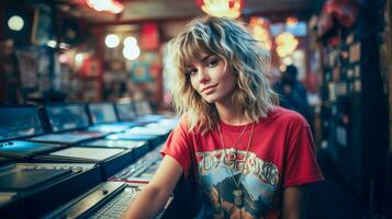 Young woman working at a music store with realistic details, AI generated photo