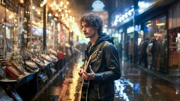 Young man standing at a front of music store, AI generated photo