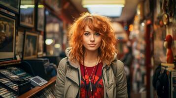 Young woman standing at a front of music store, AI generated photo