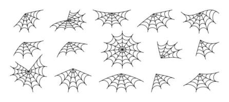 Spiderweb tracery varieties set. Sticky black mesh pattern with halloween party ornament. Horror trap of intertwining dangerous vector lines