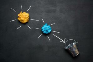 Crumpled paper balls fly into a miniature bucket, the concept of searching for new ideas photo