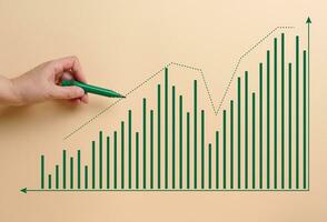 Graph with growing indicators and a female hand with a marker on a beige background. The concept of successful sales in business photo