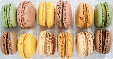 Assortment of colorful macarons, top view photo