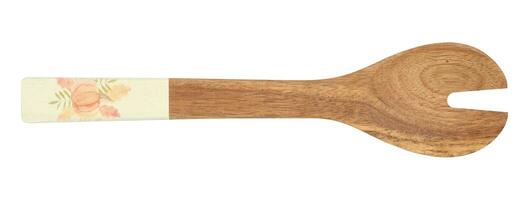 Empty wooden vintage fork with long handle isolated on white background, top view photo