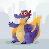 Cartoon violet crocodile superhero in big yellow cloak. Vector character in spy mask for game. children book, education, web or advertisign