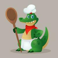 Cartoon crocodile chef with big wodden spoon. Vector character in chef hat and apron for game. children book, education, web or advertisign