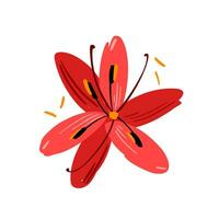 Beautiful red color flower with flying pollen stamens nearby. Vector simple bright color botanical element for decoration. Floral design.