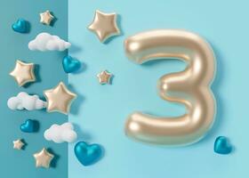 Golden number three on blue background. 3 Years Old. Third Birthday Celebration. Boys party. Baby boy celebrates. Special event. Greetings Card. 3D Render. photo