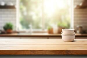 Empty wooden table top and blurred kitchen interior on the background. Copy space for your object, product, food presentation. Generative AI. photo