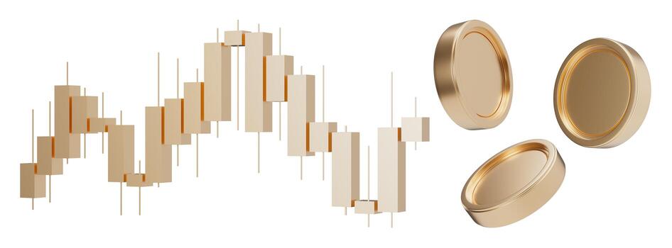 Golden trading chart and coins isolated on white background. Stock trade data on graph with japanese sticks. Financial diagram with assets values moving up and down. Cut out elements group. 3D. photo