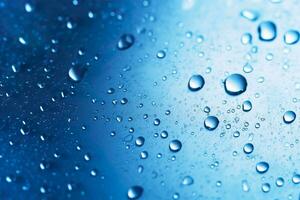 Transparent water drops on blue background. Realistic liquid. Abstract backdrop. Hydration concept. Generative AI. photo