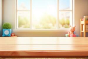 Empty wooden table top and blurred kids room interior on the background. Front view. Copy space for your object, product, toy presentation. Generative AI. photo