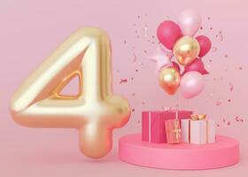 Golden number four on pink background. 4 Years Old. Fourth Birthday Celebration. Girls party. Baby girl celebrates. Special event. Anniversary of the beauty company, women's business. 3D Render. photo