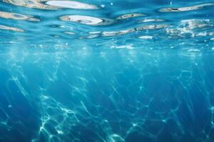 Rippled, blue water surface with light reflections. Underwater. Abstract background. Spa, vacation concept. Ocean, pool or sea. Generative AI. photo