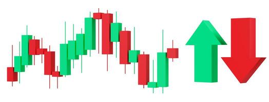 Trading chart, green and red arrows isolated on white background. Stock trade data on graph with japanese sticks. Financial diagram with assets values moving up and down. Cut out elements. 3D. photo