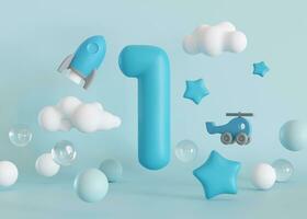 Number one on blue background, with rocket, clouds and stars. 1 Year Old. First Birthday Celebration. Boys party. Baby boy celebrates. Special event. Greetings Card. 3D Render. photo